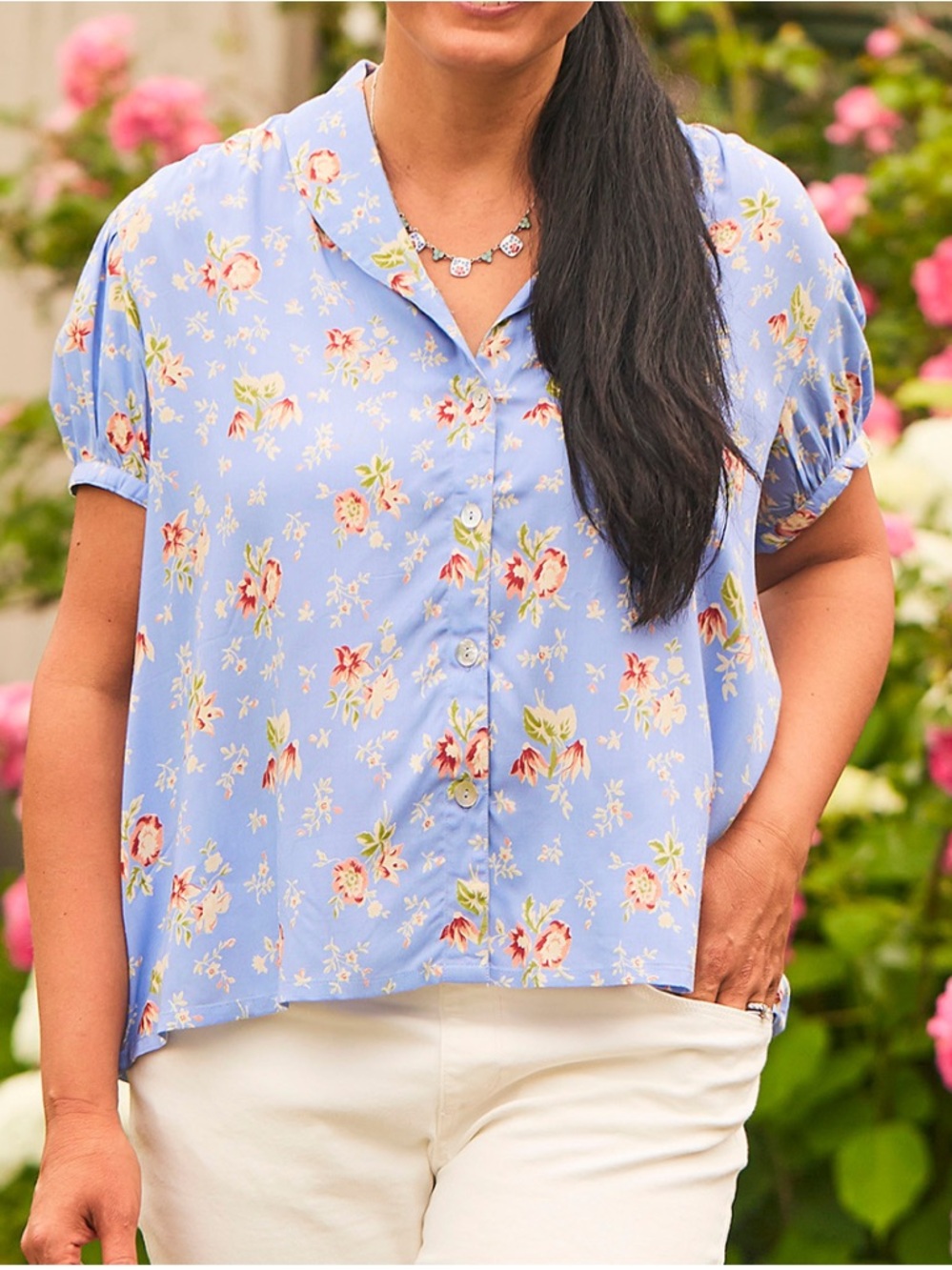 April Cornell Blue Floral Print Petra Short Sleeve Blouse Summer Top Size Large - Picture 2 of 14